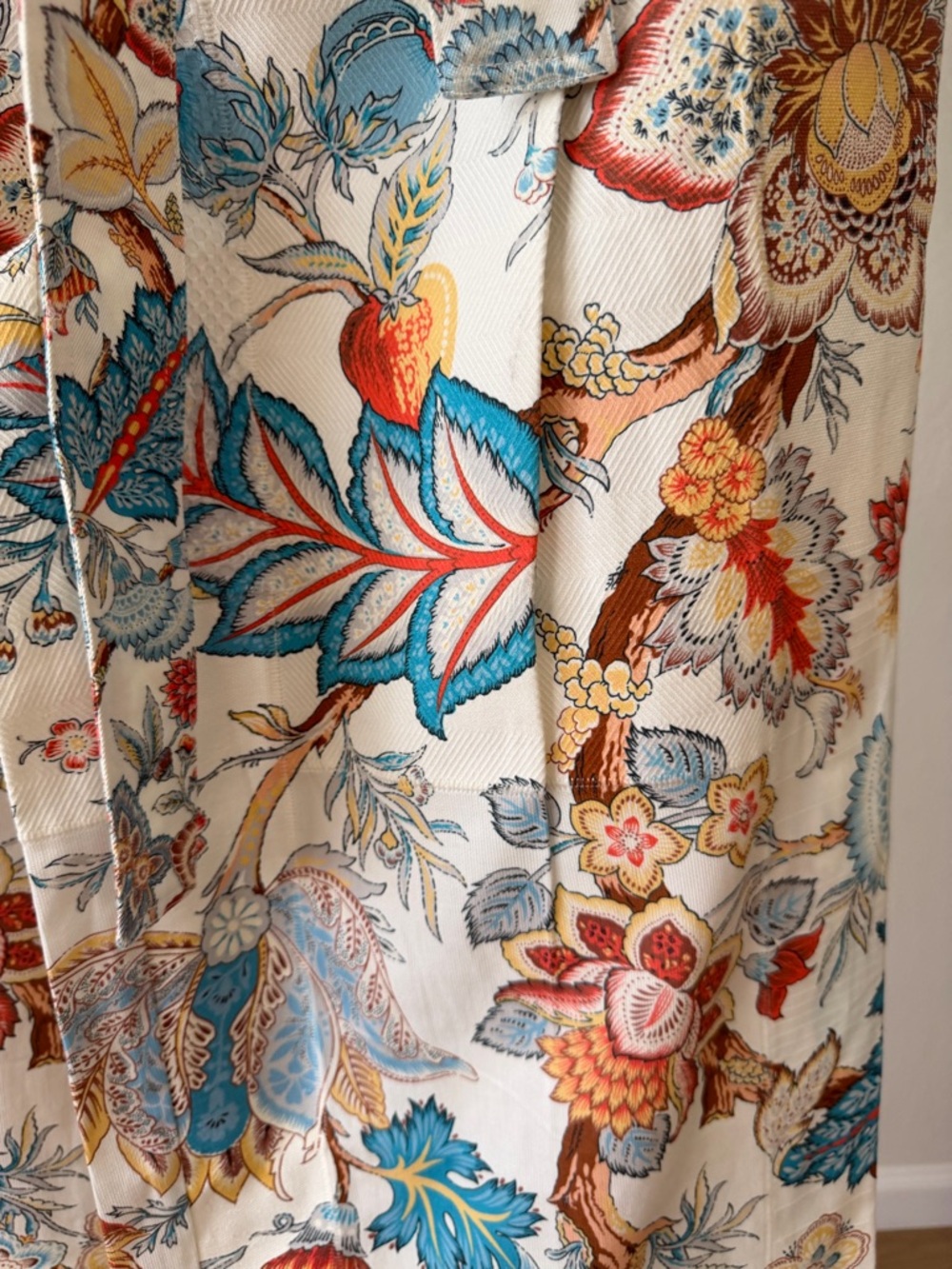 Etro Cream Floral-Paisley Wide-Leg Tie-Waist Pants with Teal and Orange Accents - Picture 8 of 9